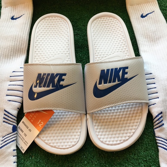 NEW NIKE BENASSI JDI SLIDE SIZE 12 WHITE / ROYAL BLUE WITH XL VAPOR SOCKS - Picture 2 of 8